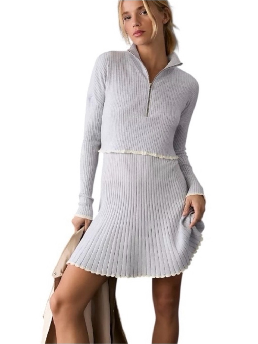 Anthropologie Daily Practice Ribbed Zip-Neck Sweater Dress in Light Gray NWOT